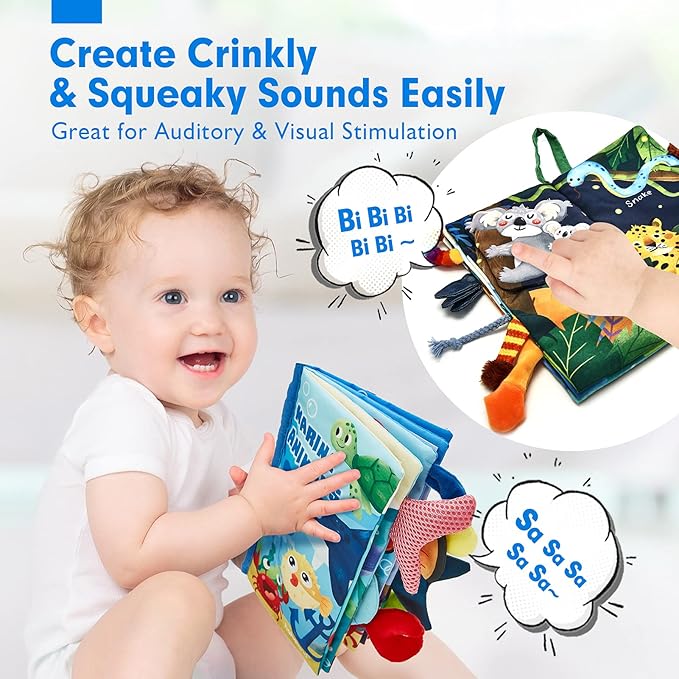 hahaland Baby Toys 0-6 Months - Crinkle Books for Babies 2PCS, Cloth Texture Tails Sensory Book 6-12 Months - Soft, Tummy Time, Montessori Toys 3 4 5 Month Newborn Twin Boys Gifts Travel Infant Toy