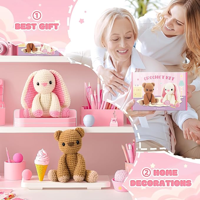 Crochet Kit for Beginners, Bunny and Bear Crochet Animal Kit with Step-by-Step Video Tutorials, Crocheting Kit for Starters, Beginner Crochet Kit for Kids and Adults, DIY Stuffed Animal Knitting Kit