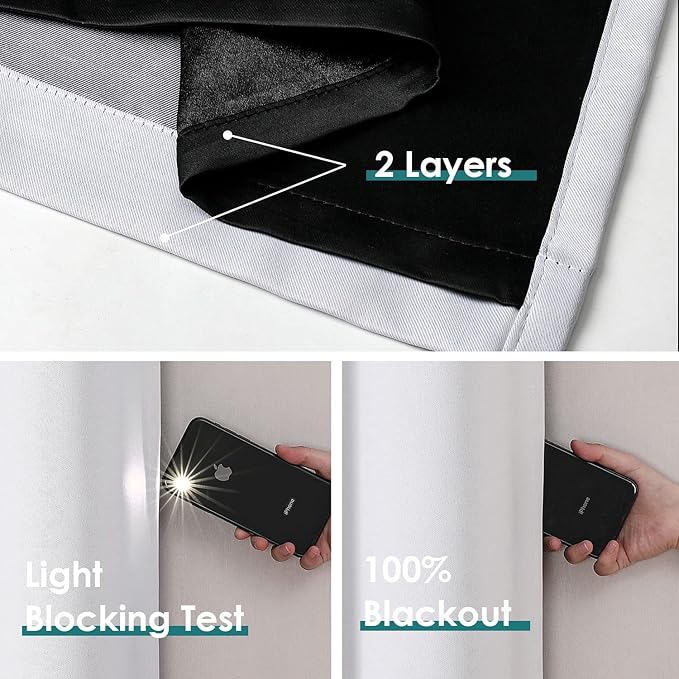 ChrisDowa 100% Blackout Curtains 108 inch Long for Bedroom with Black Liner, 2 Thick Layers Total Blackout Thermal Insulated Grommet Window Curtains 2 Panels Set (Greyish White, 52 x 108 Inch)