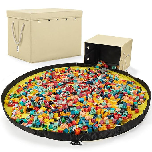 Kids Toy Box Chest Storage with Lid and Big Play Mat for Boys and Girls,Collapsible Fabric Toy Building Bricks Storage Container Organizer Bin with Rug for Playroom and Nursery Organization