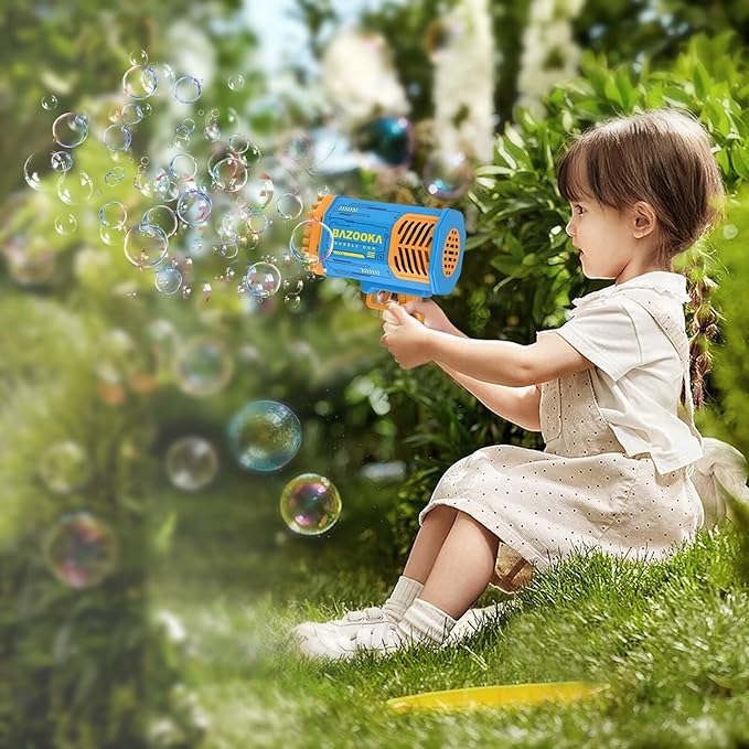Bubble Gun Bazooka Machine with Solution - 69 Holes Blaster for Outdoor Summer Toy, Party Favors - Blue Bubble Maker Blowers for Kids