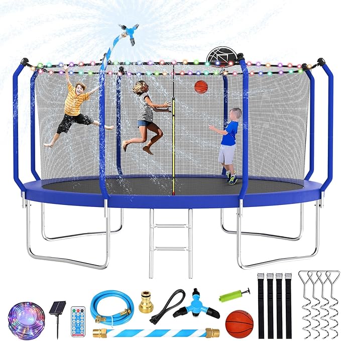 Upgraded Trampoline 8FT/10FT/12FT/14FT With Basketball Hoop, Light, Sprinkler, Stakes - Outdoor Backyard for 4-6 Kids and Adults