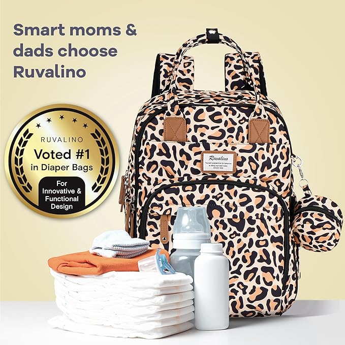 RUVALINO Diaper Bag Backpack-Multifunction Baby Travel Bag with Changing pad, Insulated Bottle Holders & Pacifier Case, Large Capacity, Waterproof, Yellow Leopard