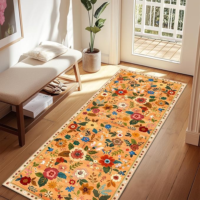 Floral 2x8 Area Rug Machine Washable Soft Print Boho Carpet Non Slip Doormat Low Pile Flower Area Rugs for Living Room Bedroom Nursery Kitchen Dining Room Indoor-Yellow/Orange