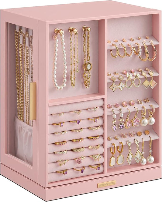 SONGMICS Jewelry Box 360° Rotating, Jewelry Storage Case with 5 Drawers, Jewelry Organizer, Glass Window, Spacious, Vertical Jewelry Storage, Open Design, Great Gift, Jelly Pink UJBC170R01