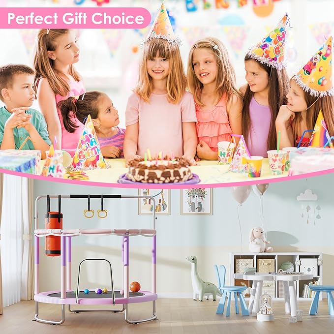 Trampoline for Kids, Upgrade Full Anti-Rust 440lbsToddler Trampoline with Net, Upgraded Ring Legs with Adjustable Gymnastics Bar&Toys, Gifts for Ages 1-8 Boys&Girls