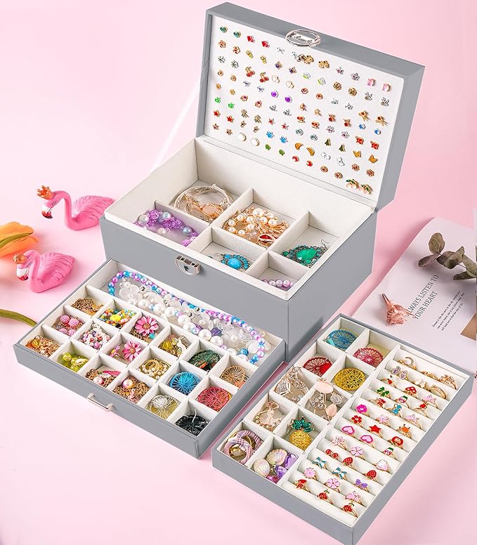 Earring Jewelry Box for Women Girls Stud Organizer, 5 Layers Grey Jewelry Organizer Box With Lock Earring Holder Organizer Ring and Necklace Jewelry Box with Earrings Holder for Women Girls