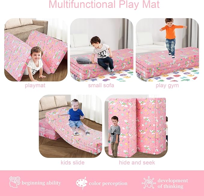 MeMoreCool Kids Floor Futon Mattress Large 6x4 FT, Thicken Foam Tatami Mattress for Children Play Area, Foldable Sleeping Pad Crawling Tatami Mat for Playroom, Pink Rainbow