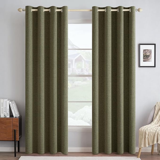 MIULEE Linen Texture Curtains for Bedroom Solid 100% Blackout Thermal Insulated Light Olive Green Curtains Grommet Room Darkening Drapes for Living Room Nursery 52x90 Inch (2 Panels)