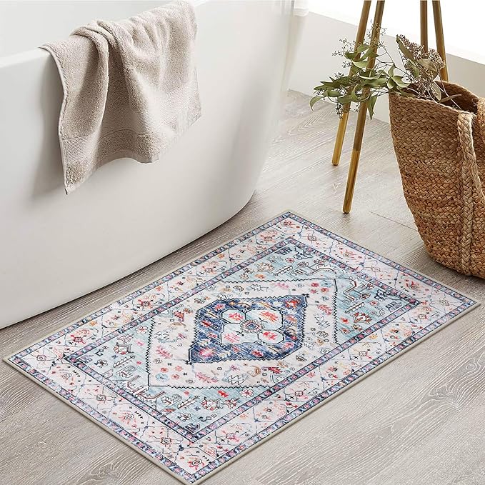 Lahome Boho Round Rug - 8Ft Washable Area Rug, Non-Slip Small Bathroom Rug, Lightweight Bedroom Throw, Oriental Distressed Print Carpet for Entryway, Sofa, Nursery, Kids Room