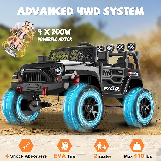 ANPABO 24V 2 Seater Ride On Car for Kids w/EVA Tires, 4X200W Motors, 4 Shock Absorbers, 2.4G Remote Control, Bluetooth Radio, LED Headlights & Searchlights, Electric Car for Kids Ages 3-8, Black