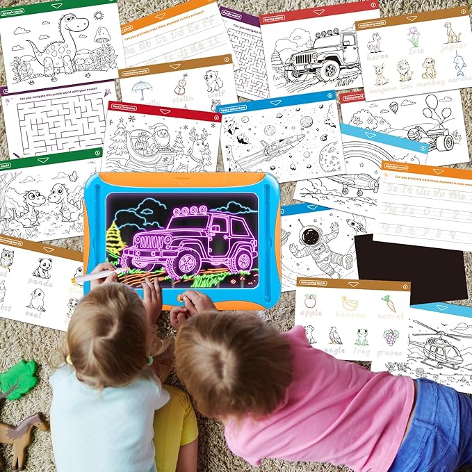 Magic LED Drawing Board for Kids, Toys for Boys Ages 5-7, Light Up Tracing Pad with 9 Double-Sided Cards, 6 Washable Pens, Glow Up Toys for Kids 4-6 Year Old Christmas Birthday Gifts