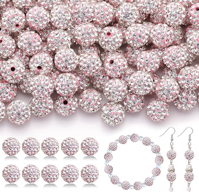105pcs 10mm Rhinestone Beads for Jewelry Making, Pink White Shiny Round Disco Ball Beads Bulk, Sparkle Crystal Clay Christmas for Bracelet Baseball Necklace Earring Crafting and DIY