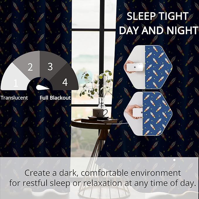 Kids Space Rocket Blackout Curtains - 100% Blackout, Thermal Insulated, Noise Reducing, Perfect for Kids Room and Nursery, 2 Panels (Rocket Blast-Off Repeat, W52×L63)