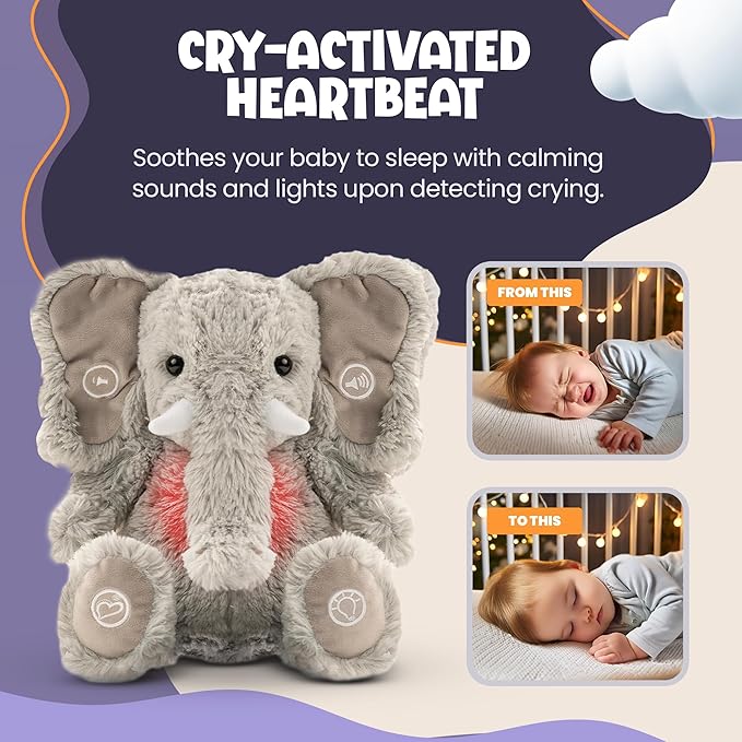 Gemma Joy Bedtime Baby Soothers for Sleep, Cry Activated Heartbeat Stuffed Animal for Baby, Newborn, Calming Light, Lullaby Music, White Noise, Shush and Mother’s Heartbeat - (Elephant, Rechargeable)