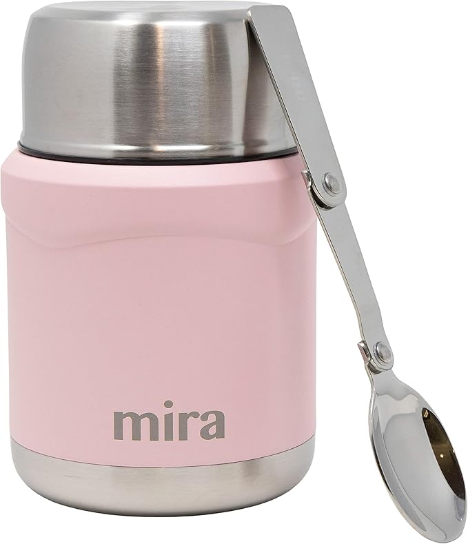 MIRA 15 oz Insulated Food Thermos for hot and cold foods - Leak-Proof Stainless Steel Container with Spoon - Rose Pink