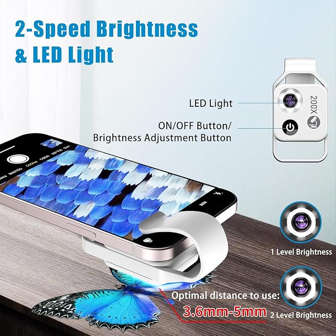 Phone Microscope with CPL Lens/LED Light,200X Pocket Microscope with Universal Phone Clip Compatible with iPhone/Andriod Phone-The Best Portable Microscope to Enjoy Microworld for Kids and Adults