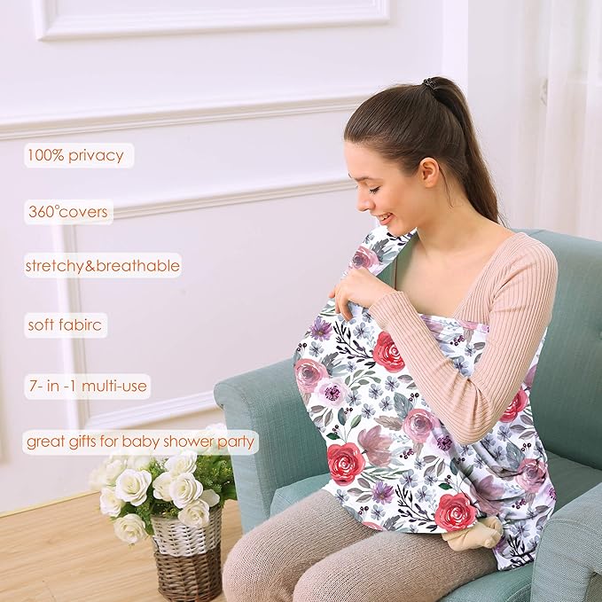 Multi-use Canopy Breastfeeding Cover - Car Seat Canopy for Babies, Stretchy Carseat Cover, Boys and Girls Shower Gift (Purple Flower)