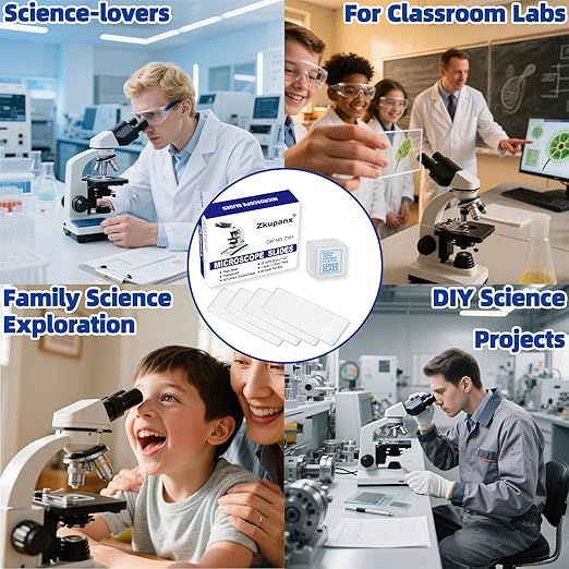 Blank Glass Microscope Slides and Covers - Ground Edges & 45° Clipped Corners, High-Clarity, Pre-Cleaned, 50 Slides & 100 Coverslips, Microscope Accessories for Experiments & Analyses