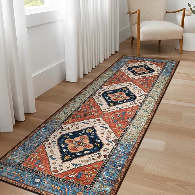Lahome Boho 2x5 Hallway Runner Rug - Non-Slip Low-Pile Kitchen Washable Runner Oriental Distressed Throw Bathroom Rug Carpet for Entrance Bedroom Laundry Room