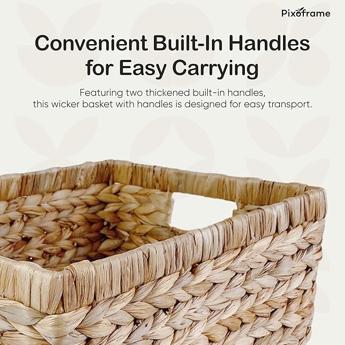 Large Rectangular Handwoven Wicker Basket - Natural Water Hyacinth Storage Baskets with 2 Built-in Handles - Ideal for Towel, Blankets, and Home Organizer & Decor - 16.5"x13"x7.50" - Brown
