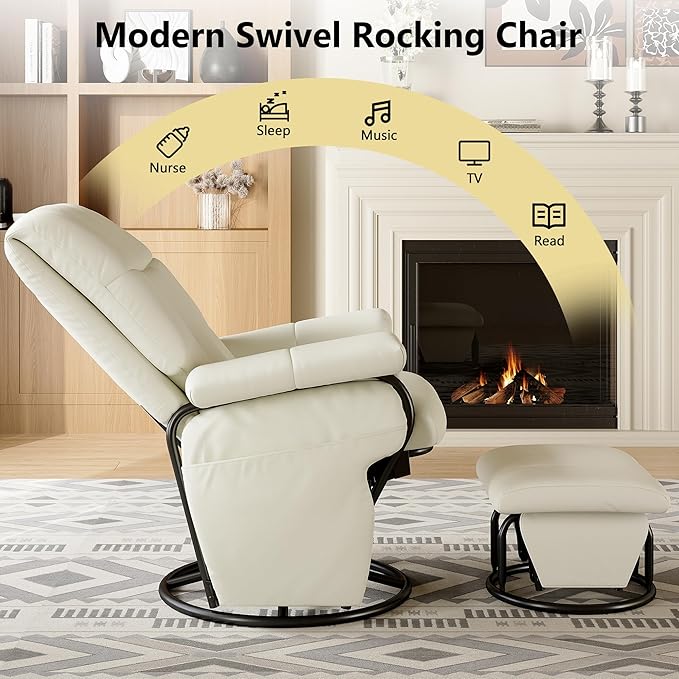 AODAILIHB Swivel Glider Recliner with Ottoman, 360 Rocking Chair with Foot Rest Recliner Chair Indoor Rocking Chair with Side Pockets Nursery Chairs for Living Room, Bedroom, Office (White)