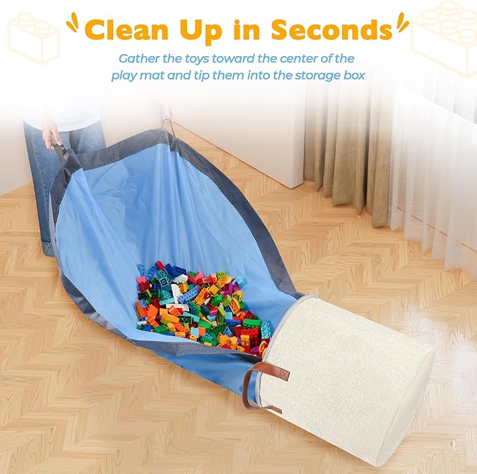 SAM AND MABEL XXL Toy Storage Organizer with Play Mat – 15" x 15" x 16" Storage Bin for Kids' Playroom, Foldable Nursery Fabric Basket (Ivory)