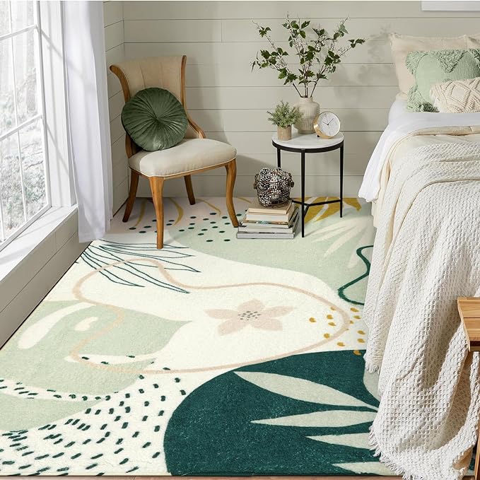 Lahome Green Machine Washable Large Rug - 8 x 10 Area Rugs for Living Room Non-Slip Lightweight Throw Boho Rugs, Soft Botanical Print Indoor Floor Carpet for Bedroom Office Dining Room Classroom