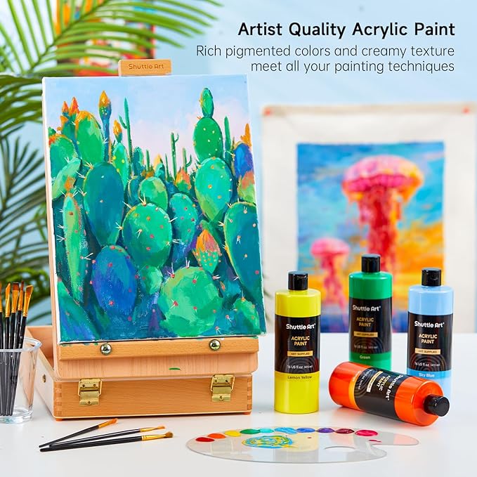 Shuttle Art Acrylic Paint, 15 Colors Acrylic Paint Large Bottle Set, 473ml/16oz Each, Rich Pigments, High Viscosity, Bulk for Artists, Beginners and Kids on Rocks Crafts Canvas Wood