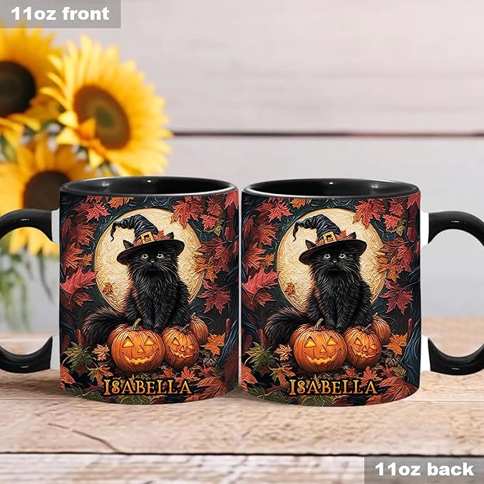 Personalized Halloween Black Cat Mug - Custom Decor Gift for Women - Spooky Season Accent Mug with Names