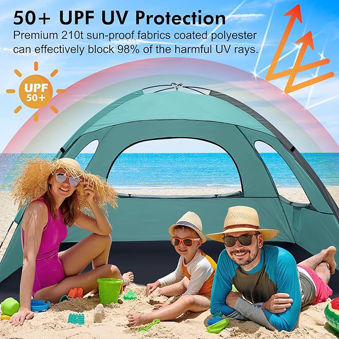 WhiteFang Beach Tent Anti-UV Portable Sun Shade Shelter for 3/4/6/8 Person, Extendable Floor with 3 Ventilating Mesh Windows Plus Carrying Bag, Stakes and Guy Lines