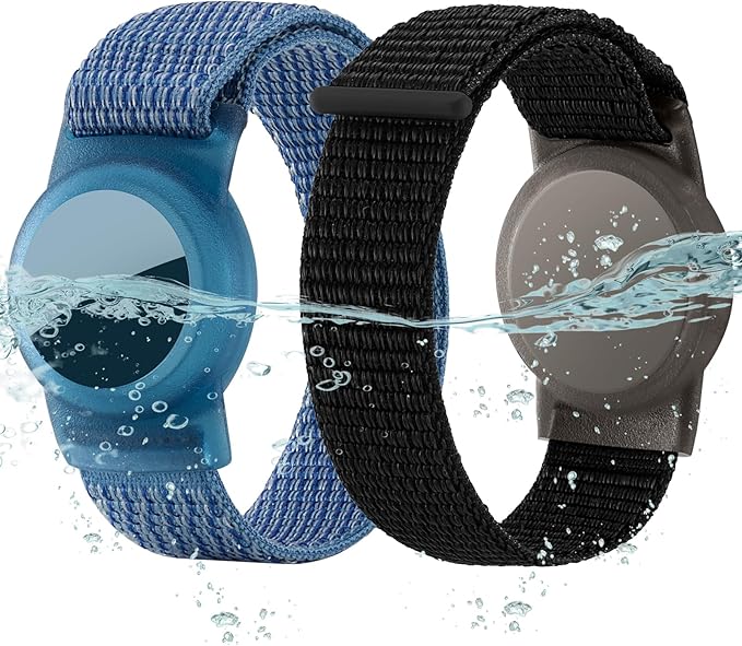 Waterproof Air Tag Bracelet for Kids (2 Pack), Soft Nylon Hidden Air Tag Wristband Full Cover Lightweight GPS Tracker Holder Compatible with Apple AirTag Band for Toddler Child (Black & Blue)