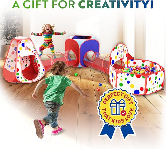 Playz 5-Piece Kids Play Tents Crawl Tunnels and Ball Pit Popup Bounce Playhouse Tent with Basketball Hoop for Indoor and Outdoor Use with Red Carrying Case