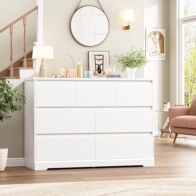 Dresser for Bedroom, Modern White Dresser, Wood Chest of Drawers Nursery Dressers, with Storage, 7 Drawer Double with Handle Free, Large Storage Organizer for Living Room,White