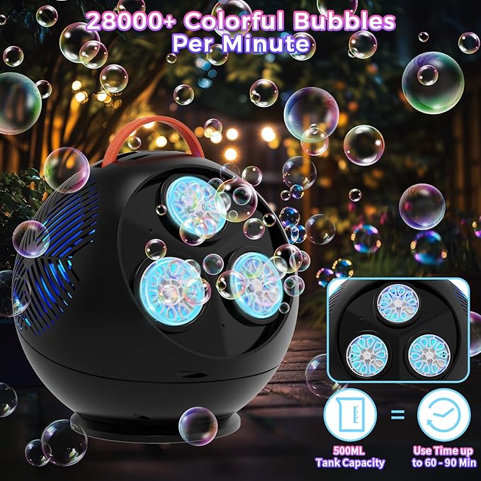 Bubble Machine Automatic Bubble Blower for Kids Toddlers Rechargeable Portable Spherical LED Bubble Maker Electric Auto Rotating 45°/360° Outdoor Toy Birthday Party Wedding (Spherical Black)