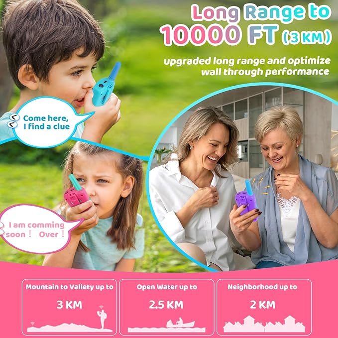 Vvinca Walkie Talkies for Kids Rechargeable 3 Pack, Toys for Boys Girls Age 3-13 Ourdoor Camping Birthday Gift, 3KM Long Range Walkie-Talkie 2 Way Radios 22 CH VOX with Li-ion Battery Flashlight