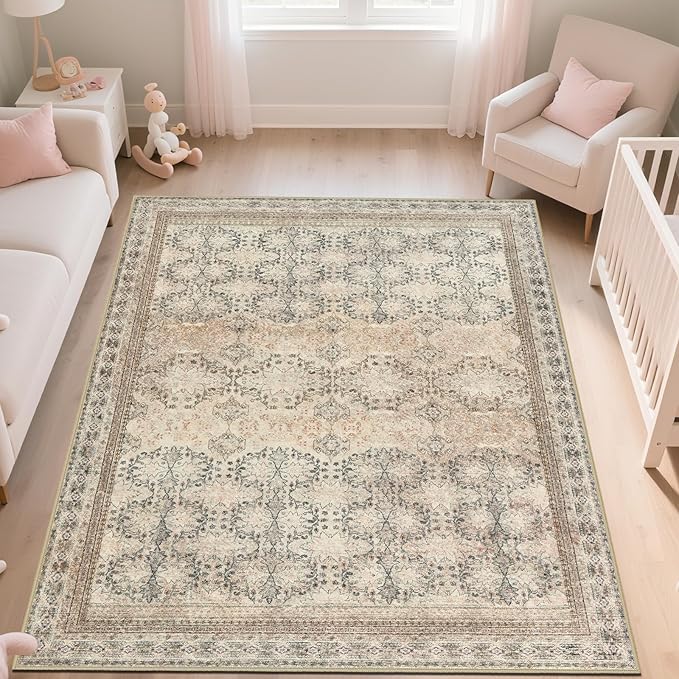 6x9 Washable Area Rug Non Slip, Thin Vintage Floral Living Room Rug Low Pile, Indoor Large Distressed Print Carpet for Bedroom, Dining Room, Farmhouse, Home Office, College Dorm Beige/Pink/Orange
