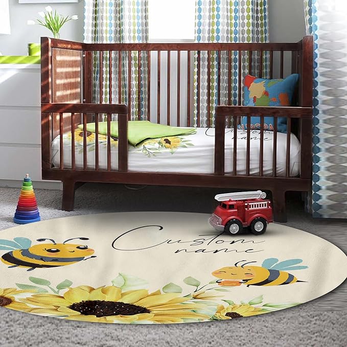 Personalized Baby Crib Bedding Set for Baby Girls, Yellow Bee Pattern Custom Name Baby Crib Sets 5-Pcs, Toddler Double Layer Blanket Fitted Sheets Changing Pad Cover Rug Wall Art Set