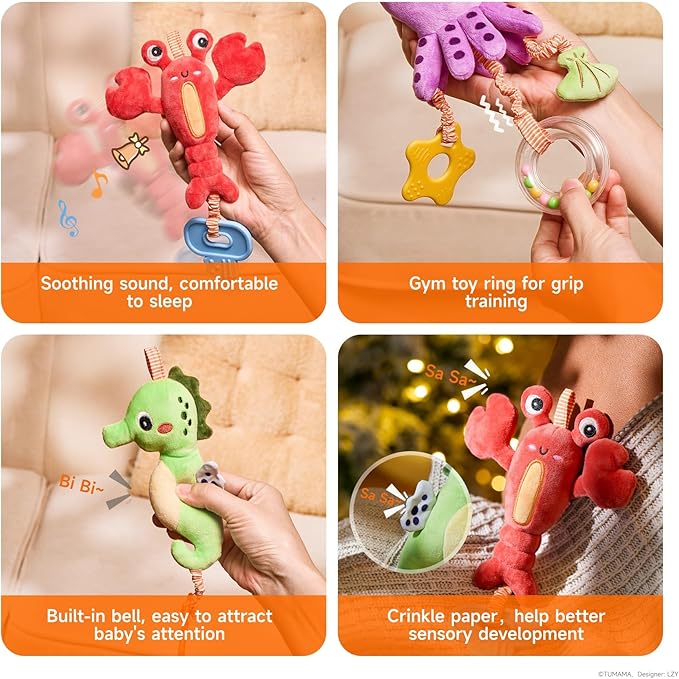 TUMAMA Baby Toys 0 3 6 12 Months, Hanging Stroller Toys Soft Marine Animal Crib Car Seat Toys, Crinkle Infant Rattles with Teether Squeaky Sensory Developmental Toy for Newborn