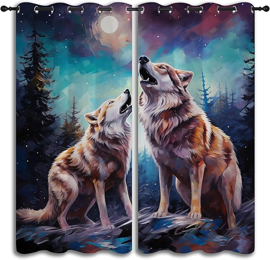 Wildlife Blackout Curtains for Boys Girl Bedroom Decor,Fantasy Starry Full Moon Wolf Howling Thermal Insulated Grommet Drapes Darkening Window Curtain for Living Room Home 84x84 inch