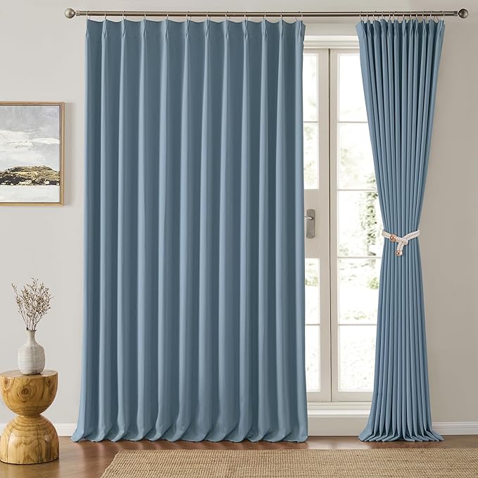 KEQIAOSUOCAI Dusty Blue Pleat Wide Width Drapes 80 x 108 inch Long 2 Panels - Thermal Insulated Room Divider Curtains for Bedroom/Living Room/Patio, Pinch Pleated Curtain Panel with Hooks