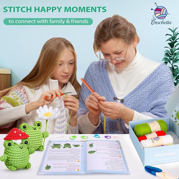 Crochetta Crochet Kit for Beginners, Beginner Crochet Animal Kits for Adults with Step-by-Step Video Tutorials, DIY Knitting & Crocheting Craft Hobbies Supplies, 2 Pack Frog Amigurumi(40%+ Yarn)