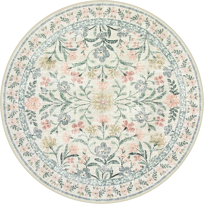 Wonnitar Floral Round Rugs 6ft, Boho Large Machine Washable Circle Rug, Low Pile Soft Flower Botanical Print Beige Round Carpet for Living Room Bedroom Dorm Sunroom