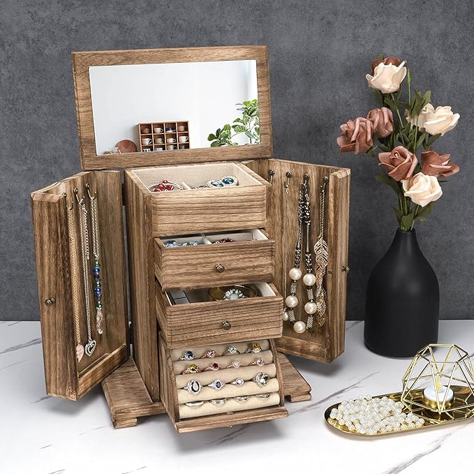 Jewelry Box for Women, Rustic Wooden Jewelry Boxes & Organizers with Mirror, 4 Layer Jewelry Organizer Box Display for Rings Earrings Necklaces Bracelets (Rustic Brown)