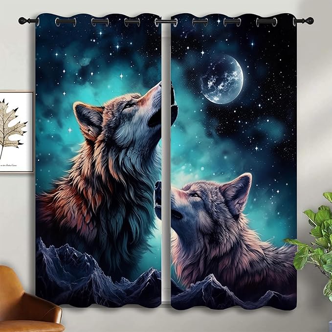Wolf Blackout Curtains for Boys Girl Bedroom Decor,Starry Sky Howling Wolf Under The Full Moon Thermal Insulated Grommet Drapes Darkening Window Curtain for Living Room Home 42x63 inch