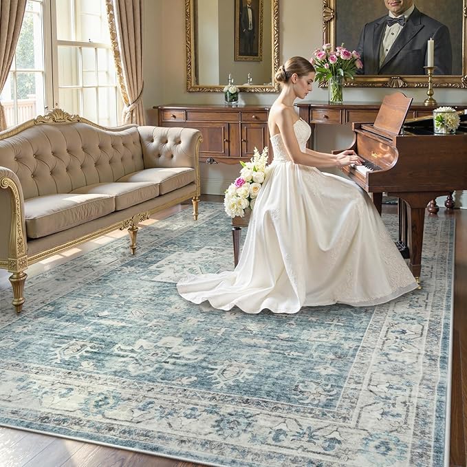 LIVEBOX Washable Area Rug 9x12 Rugs for Living Room Bedroom, Non-Slip Boho Indoor Carpet for Dining Room Office, Low-Pile Farmhouse Soft Carpets for Kids Nursery Room Playroom, Blue