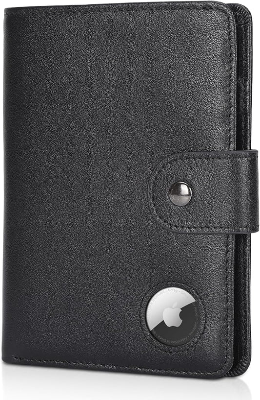 Polare Luxury RFID Blocking Leather Passport Holder Travel Wallet For Men and Women (Black with AirTag Slot(Snap Version))