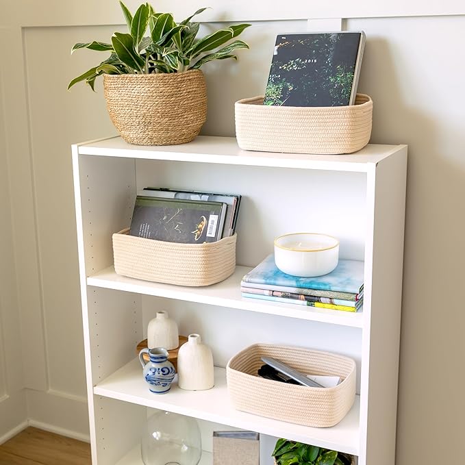 NaturalCozy 11.8"x8"x4.5” Storage Baskets for Shelves 3 Pack | Cotton Rope Woven Small Baskets for Organizing | Small Storage Bins for Nursery, Bathroom, Closet, Cube Shelf, Decorative, Gift Basket