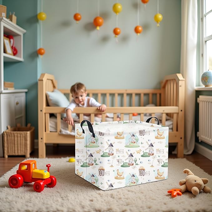 HIYAGON Rectangular Baby Basket for Boys Kids Baby Storage Basket Toy Storage Bin Organizer Box Room Decor(Farm)