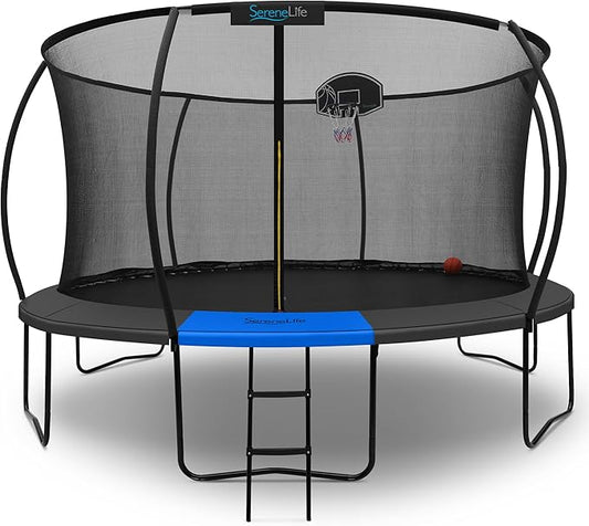 SereneLife 8FT 10FT 12FT 14FT Outdoor Trampoline for Kids - Recreational Backyard Trampoline with Curved Safety Poles and Net Enclosure- ASTM Approval for Kids Adults